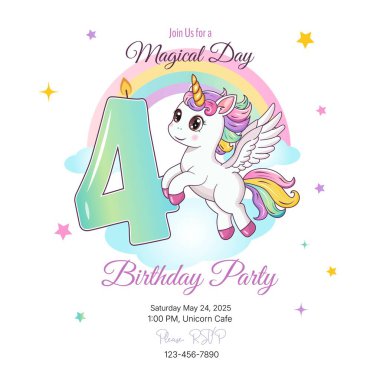 Doğum günü partisi davetiyesi. Şablon. 4 numaralı şirin tek boynuzlu at. Vektör illüstrasyonu