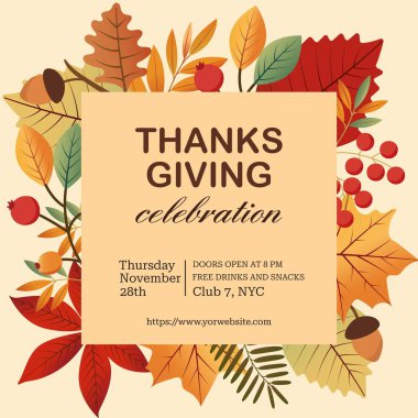 Şükran Günü için bir davetiye. Kartpostal şablonu. Vektör çizimi. Sosyal medyada, el ilanlarında, davetiye kartlarında kullanılabilir..