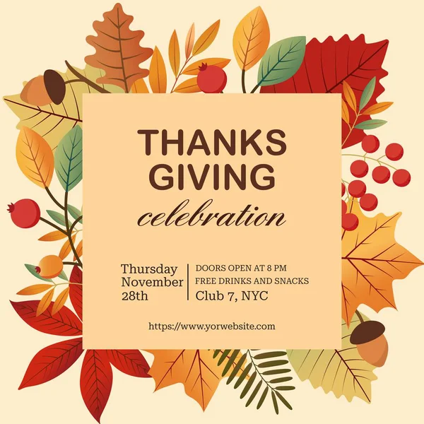 Şükran Günü için bir davetiye. Kartpostal şablonu. Vektör çizimi. Sosyal medyada, el ilanlarında, davetiye kartlarında kullanılabilir..