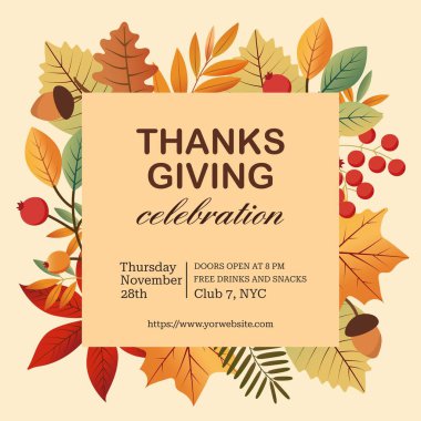 Şükran Günü için bir davetiye. Kartpostal şablonu. Vektör çizimi. Sosyal medyada, el ilanlarında, davetiye kartlarında kullanılabilir..