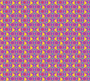 Soyut, dikişsiz geometrik desenli, altıgen ve elmas şekilli retro pop sanat tarzında. Vektör illüstrasyonu