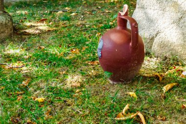 Çimen ve düşen sonbahar yapraklarıyla çevrili, yerde duran eski bir kil testisi geleneği, çürümeyi ve kırsal yaşamı simgeliyor..