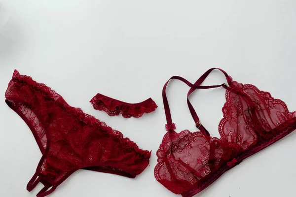 El yapımı kadın iç çamaşırı. Beyaz zemin üzerine kırmızı dantelli iç çamaşırı. Metin için yer.