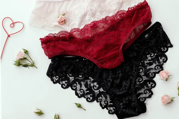 Underkläder Trosor Set Kvinnliga Sexig Spets Trosa Vit Bakgrund — Stockfoto