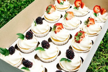 Kek krem şanti ve çilek ve böğürtlen kutusunda. Doğum günü, düğün için festival parti kek.