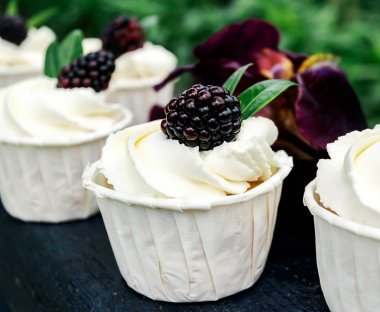 Krem şanti ve böğürtlenli kek. Doğum günü, düğün için festival parti kek.