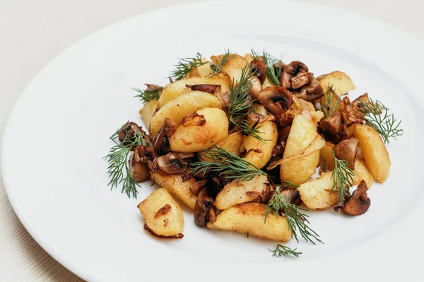 Fried Potatoes Mushrooms White Plate — Stock Photo, Image