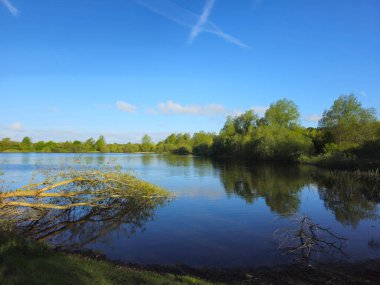 Dalgalanan yüzeyi, berrak mavi gökyüzü ve kenarları çerçevelenen ağaçlarla İngiltere 'de hala göl. Uzak sahildeki yeşil ormanlık alanda. Doğal arka planlar, kırsal doğa tasarımı ya da sessiz doğa sahneleri için ideal..
