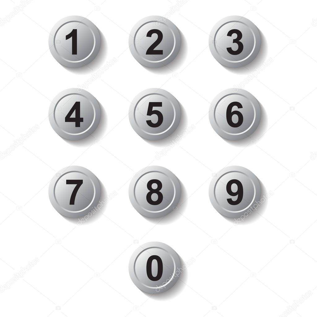 Set silver number button icon with shadow