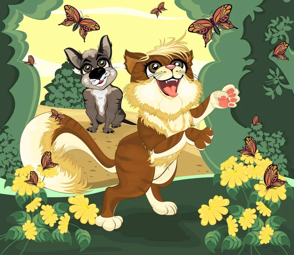 Illustration of a funny dog and cat, who rest in the grove, watching the butterflies