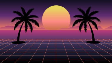 Neon ızgaralı vektör retro manzara, tropikal palmiye siluetleri ve sentetik dalga tarzında canlı günbatımı. 80 'lerden esinlenilmiş posterler, arka planlar ve dijital sanat için mükemmel..