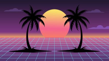 Neon ızgaralı vektör retro manzara, tropikal palmiye siluetleri ve sentetik dalga tarzında canlı günbatımı. 80 'lerden esinlenilmiş posterler, arka planlar ve dijital sanat için mükemmel..