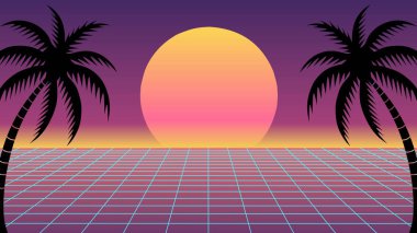 Neon ızgaralı vektör retro manzara, tropikal palmiye siluetleri ve sentetik dalga tarzında canlı günbatımı. 80 'lerden esinlenilmiş posterler, arka planlar ve dijital sanat için mükemmel..