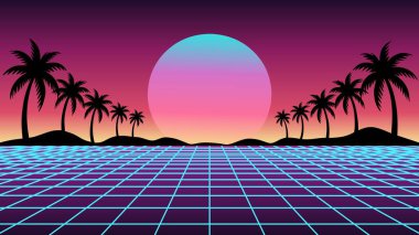 Neon ızgaralı vektör retro manzara, tropikal palmiye siluetleri ve sentetik dalga tarzında canlı günbatımı. 80 'lerden esinlenilmiş posterler, arka planlar ve dijital sanat için mükemmel..