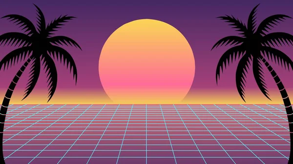 Neon ızgaralı vektör retro manzara, tropikal palmiye siluetleri ve sentetik dalga tarzında canlı günbatımı. 80 'lerden esinlenilmiş posterler, arka planlar ve dijital sanat için mükemmel..