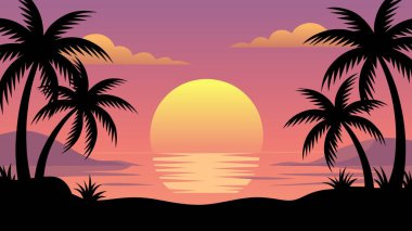 Önünde çam ağacı silueti olan karlı dağ tepelerinin ardında gün doğumunun vektör çizimi. Doğa, seyahat ve macera tasarımları için mükemmel..