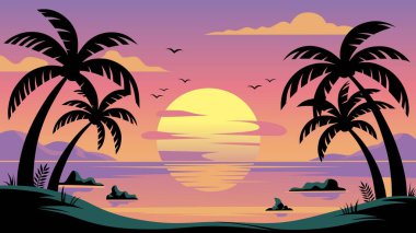 Önünde çam ağacı silueti olan karlı dağ tepelerinin ardında gün doğumunun vektör çizimi. Doğa, seyahat ve macera tasarımları için mükemmel..