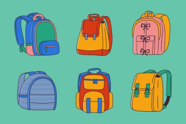 Deniz mavisi arkaplanı, okul tasarımı, eğitim baskısı, çıkartma, simge ve şablon için ideal renkli sırt çantası varyasyonları.