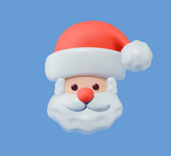 Şapkalı ve sakallı Noel Baba yüzü, 3 boyutlu vektör minimalist simgesi, Noel ve yeni yıl için mavi arka planda izole edilmiş..