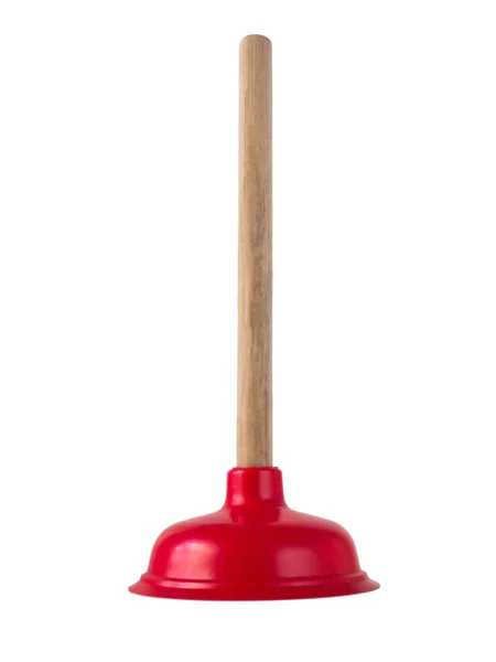 Bright Red Rubber Plunger Wooden Handle Flatlay Isolated White — Stock Photo, Image