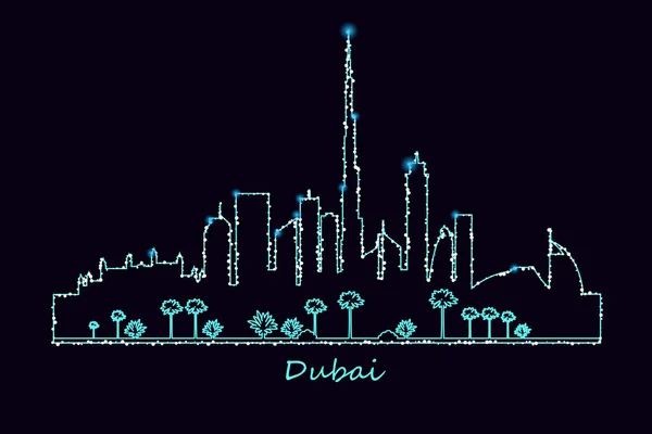 Πόλη Ουρανοξύστες Και Ενδιαφέροντος Στον Ορίζοντα Του Ντουμπάι Φωτίζονται Νύχτα — Διανυσματικό Αρχείο