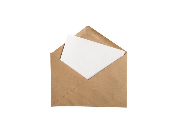 Envelope Papel Kraft Com Cartão Branco Branco Isolado Branco — Fotografia de Stock