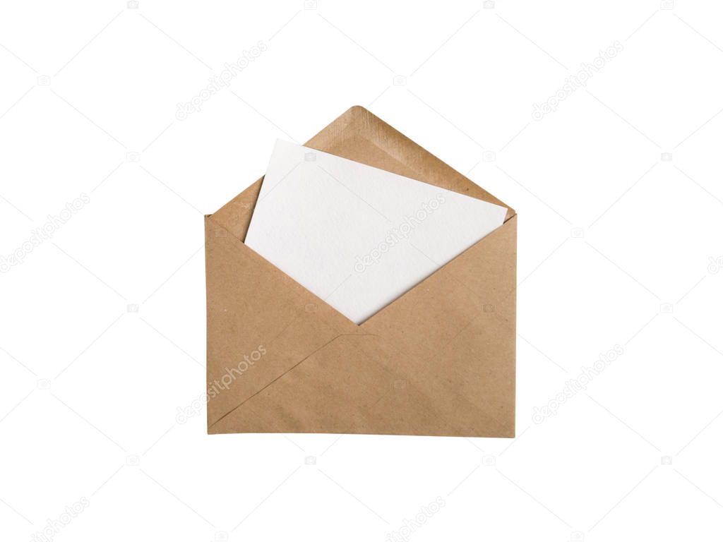 Kraft paper envelope with white blank card isolated on white
