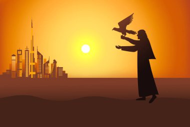 Dubai şehir arka plan vektör çizim üzerinde çölde gün batımında Falconer