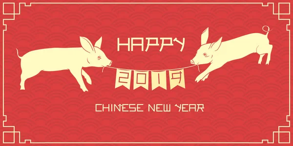 龍のフラグ ガーランドを保持している 匹の子豚はスケール パターンです 幸せな中国の旧正月 2019 ベクトル図 — ストックベクタ