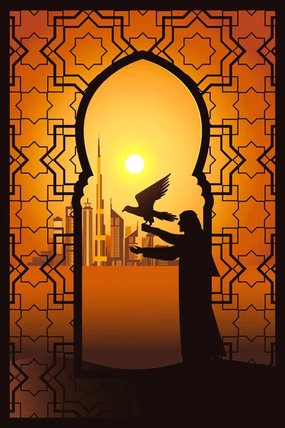 Falconer Atardecer Desierto Ilustración Del Vector Fondo Ciudad Dubai Vista — Vector de stock