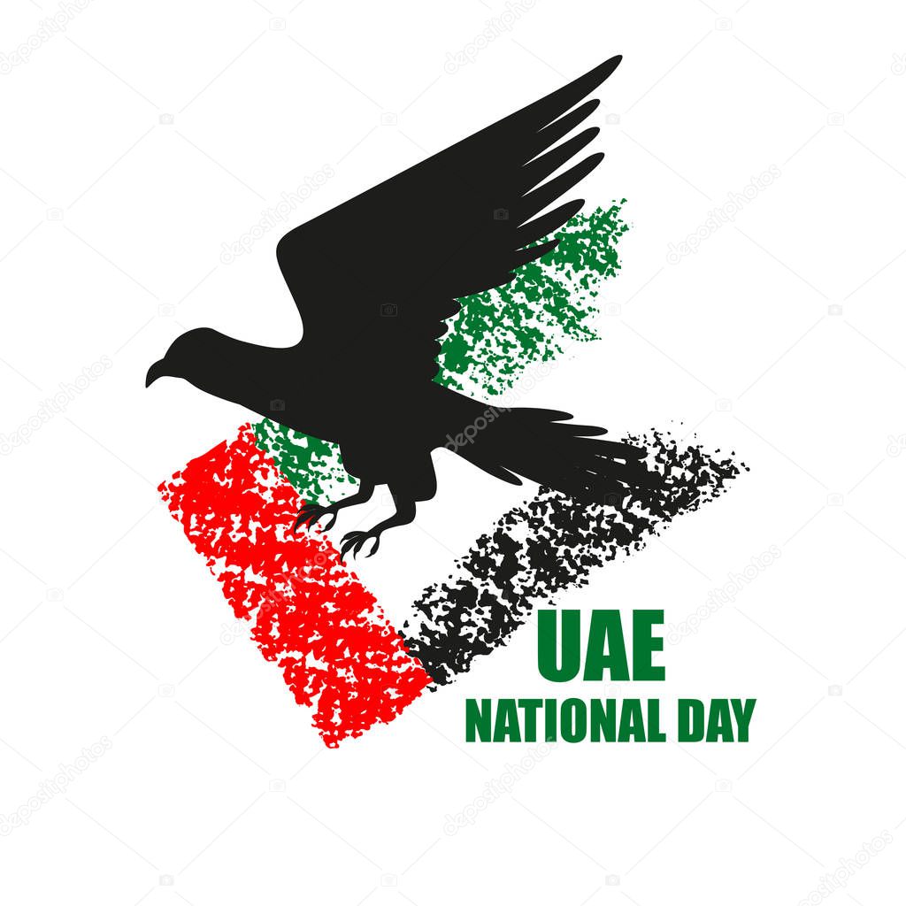 UAE National Day poster with falcon silhouette on national flag background vector illustration. Falcon hunting.
