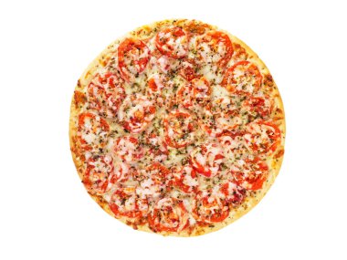 Pizza Margherita veya Margarita ile mozzarella peyniri, domates ve fesleğen ince hamur üstte görüntülemek üzerinde izole whit
