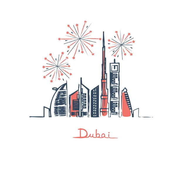 Dubai Cityscape Gökdelenler Simge Fireworks Uygulamasında Gökyüzü Vektör Illustratio Ile — Stok Vektör