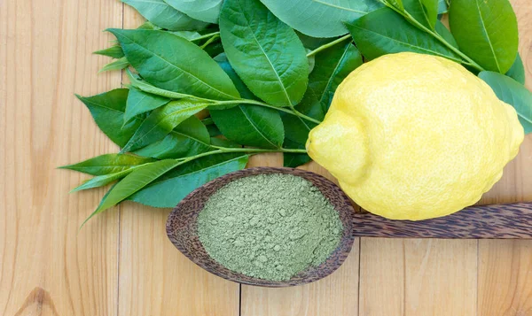 Henna Powder Coconut Spoon Lemon Fruit Wooden Planks Backgroun — Stock Photo, Image