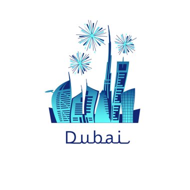 Dubai cityscape gökdelenler ve simge ve renkli fireworks uygulamasında gökyüzü vektör çizim ile. Tatil kutlaması. Piroteknik şehir manzarası içinde patlamalar göster.
