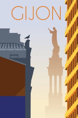 Cityscape ve simgesel vektör illüstrasyon ile Gijon şehir Asturias İspanya retro poster
