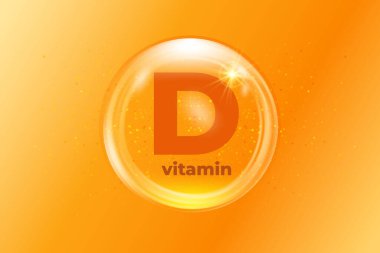 D vitamini. Arkaplanda parlak kabarcıklar var. Tıbbi kapsül tasarımı için sarı su topu. Vektör