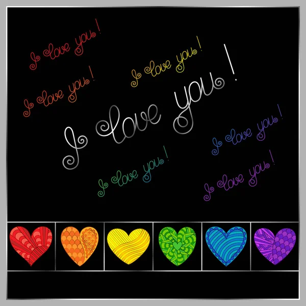 Template Rainbow Doodle Hearts Inscription Love You Black Background Blanco — Archivo Imágenes Vectoriales