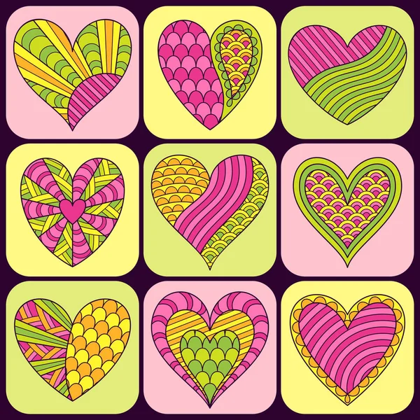 一套手绘的涂鸦符号 华丽的绿色 黄色和粉红色的心在广场 平面设计风格中的图标 — 图库矢量图片