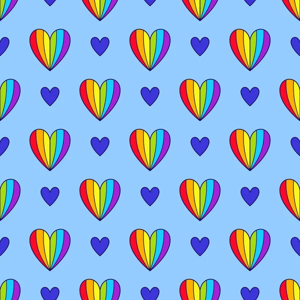 Kinderachtig Naadloze Patroon Van Gestreepte Regenboog Hart Lichte Blauwe Achtergrond — Stockvector