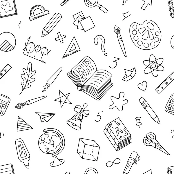 Siyah ve beyaz okul kırtasiye Seamless modeli. Sayfa tutamaçlarından desenli Motif boya, fırça, kalem, kalem, Yeşilaycı, kitaplar ile boyama, makas.
