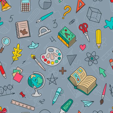Okul çizilmiş gri zemin üzerinde ileti örneği nesnelerinin Dikişsiz desen renkli. Doodle nesnelerin paketi veya kağıt ve öğrenci ürünleri ambalaj için sürekli arka plan.