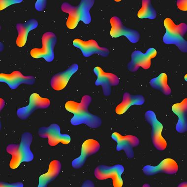 Abstract Seamless Pattern of Rainbow Gradient Formless Shapes on Dark Starry Backdrop. Retro Continuous Background of Simple Colored Forms. clipart