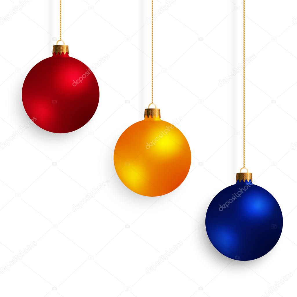Set of Decorative Design Elements Christmas Balls Isolated on White Background. Kit of Yellow, Red, Blue New Year Baubles.