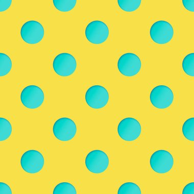 Turkuaz kağıt ile Seamless modeli sarı zemin üzerinde daire kes. Polka Dot ile 3D kağıt sanat kavramı. 