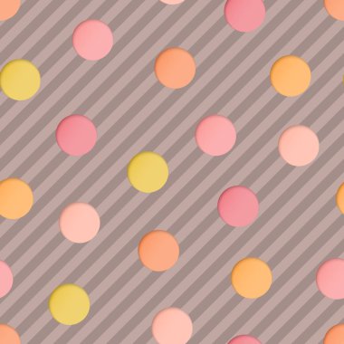 Kahverengi çizgili zemin üzerinde pembe, bej, sarı kağıt kesme daireler ile Seamless modeli. Polka Dot ile 3D kağıt sanat kavramı. 
