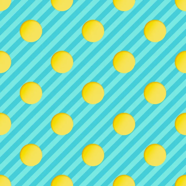 无缝模式与黄色剪纸圈蓝色条纹背放 波尔卡点纸艺术概念 — 图库矢量图片