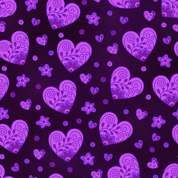 Modèle romantique sans couture de cœurs de lilas sur fond sombre . — Image vectorielle