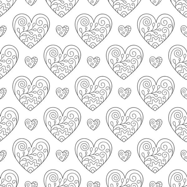 Patrón sin costura romántico blanco y negro de corazones de contorno en W — Vector de stock