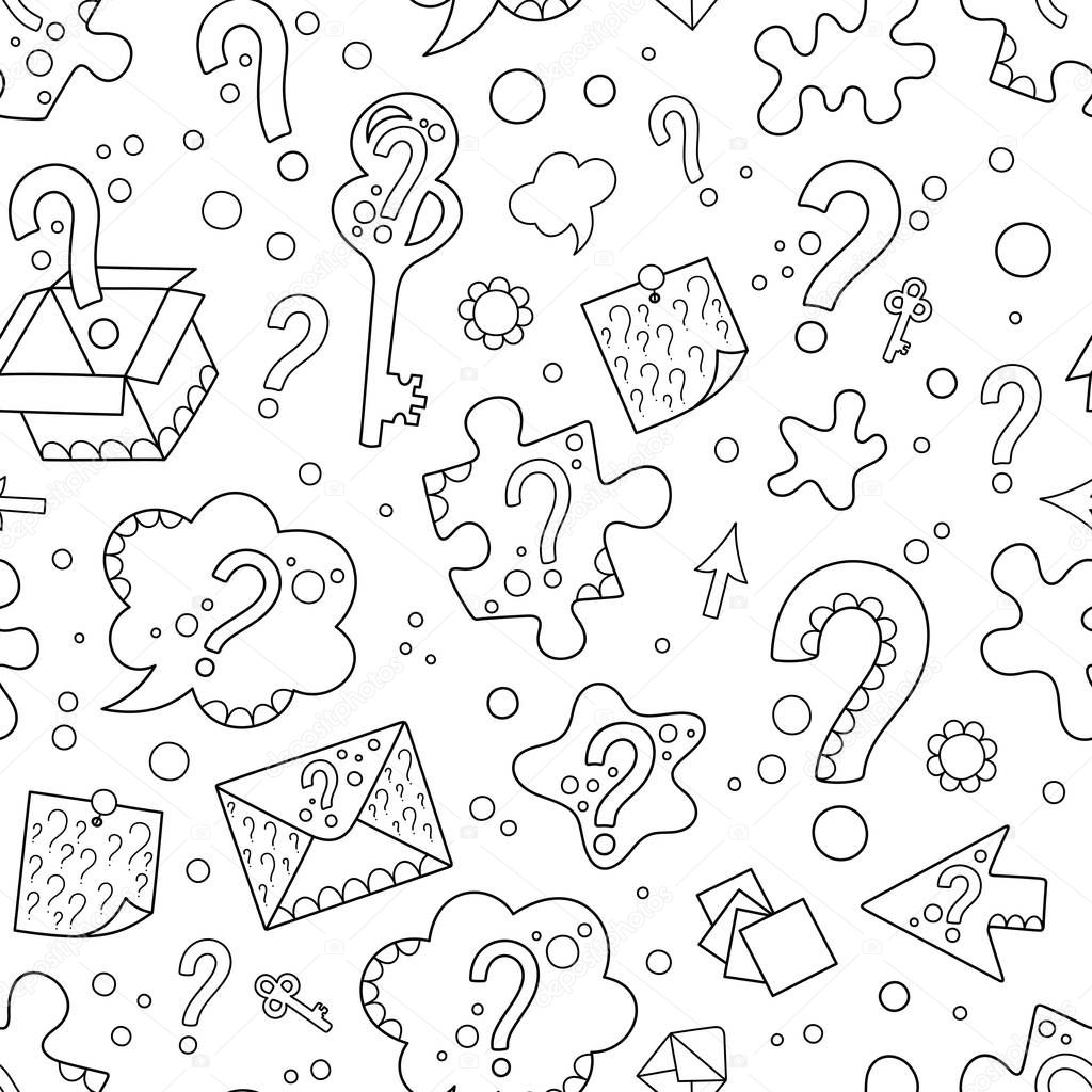 Seamless Patterns of Black Hand-drawn Contour Question Marks on 